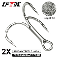 FTK 10Pcs Fishing Treble Hook 2x Strong Carbon Steel Bright Tin Round Bend Triple Fish Hooks for Big Game Bluefish Salmon