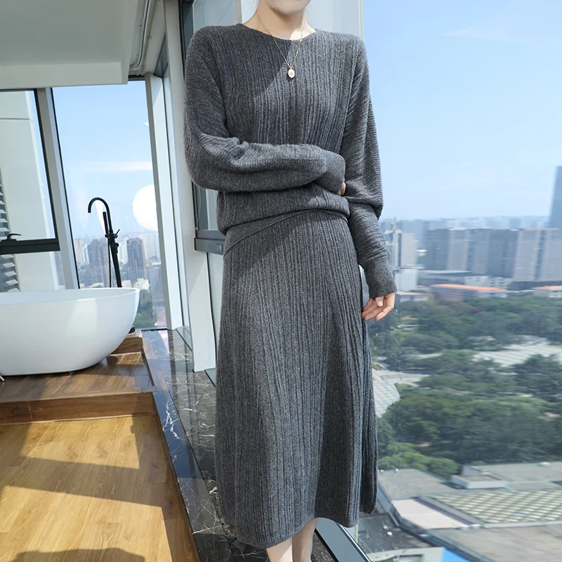 High-End Round Neck 100% Pure Wool Sweater Women's Autumn and Winter Knitted Skirt Loose Cashmere Suit Skirt High-End Slimming L