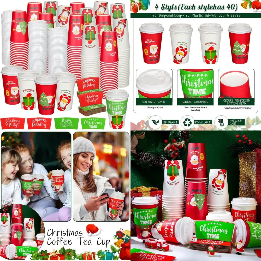 

Zhehao 160 Sets/ 480 Pcs Disposable Coffee Cups Christmas Paper Cups with Lids and Sleeves for Cold Drink Tea Hot Cocoa Chocolat