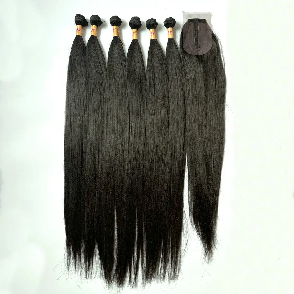 Pacotes de cabelo sintético com fecho, seda longa, reto, alta qualidade, cor natural, cabelo tece, venda quente, 30 pol, STW, 6PCs