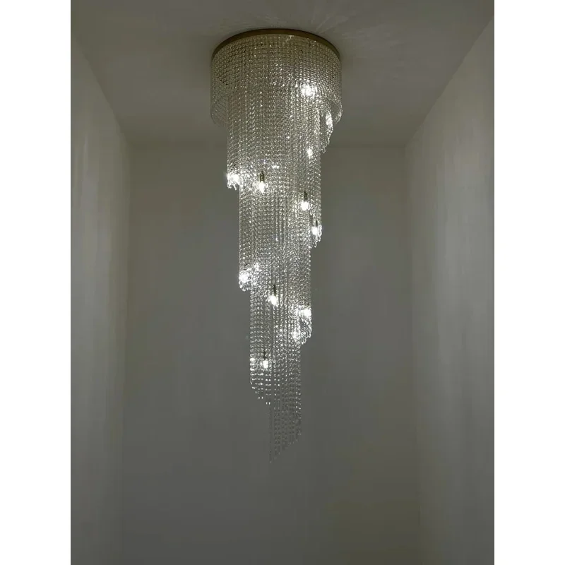 Stair Long Chandelier Hollow Living Room Lamp Duplex Floor K9 Crystal Decoration Lighting Villa Rotating Pendant Chandelier Lamp