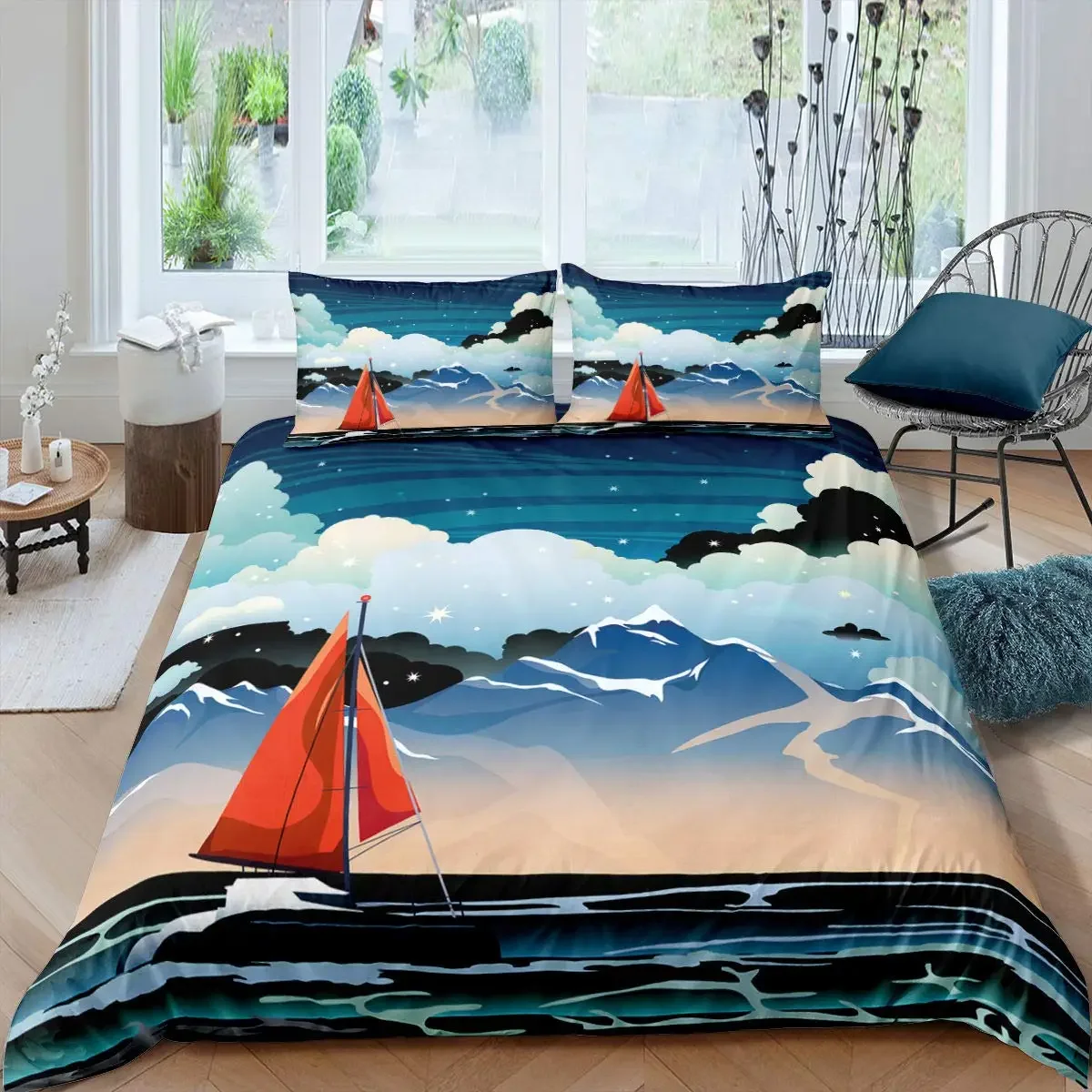 Nautical King Queen Duvet Cover Dragon Retro Blue Sailboat Rudder Bedding Set Sea Sailboat Comforter Cover Polyester Quilt Cover