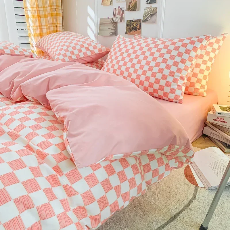 Pink White Plaid Duvet Cover Women Men Checkerboard Grid Bedding Cover Sets Boys Girls Modern Geometric Quilt Covers for Bedroom