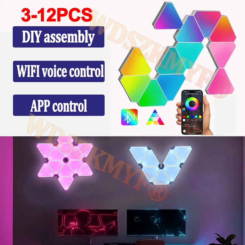 

Smart WiFi/BT Triangle Wall Light RGB Indoor Atmosphere LED Night Light APP Music Synchronization Game Room Bedroom Decoration
