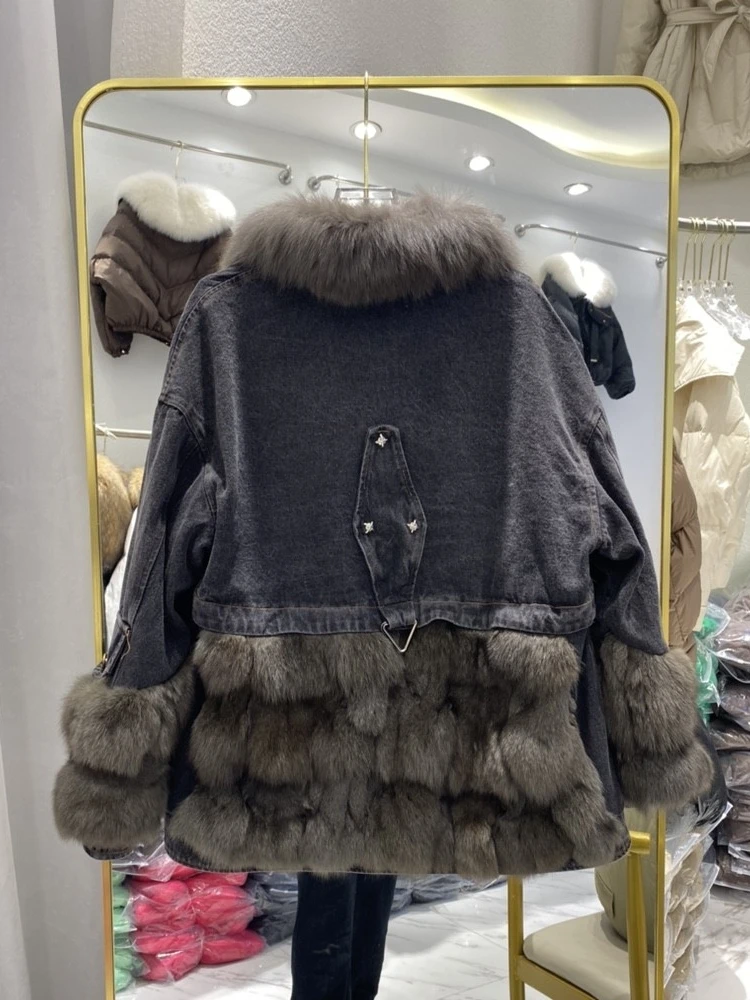 2023 Winter Fox Fur Denim Parka Fur Coat Women Fashion Chain Down Parka Female Thick Warm Genuine Fur Jacket Outerwear