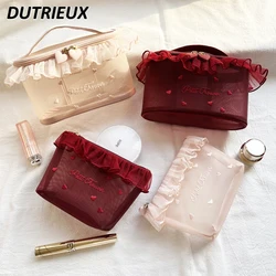 Fashion Cosmetic Bag for Women Summer Autumn Mesh Lovely Embroidered Lace Portable Cute Sweet Ladies Makeup Storage Bags