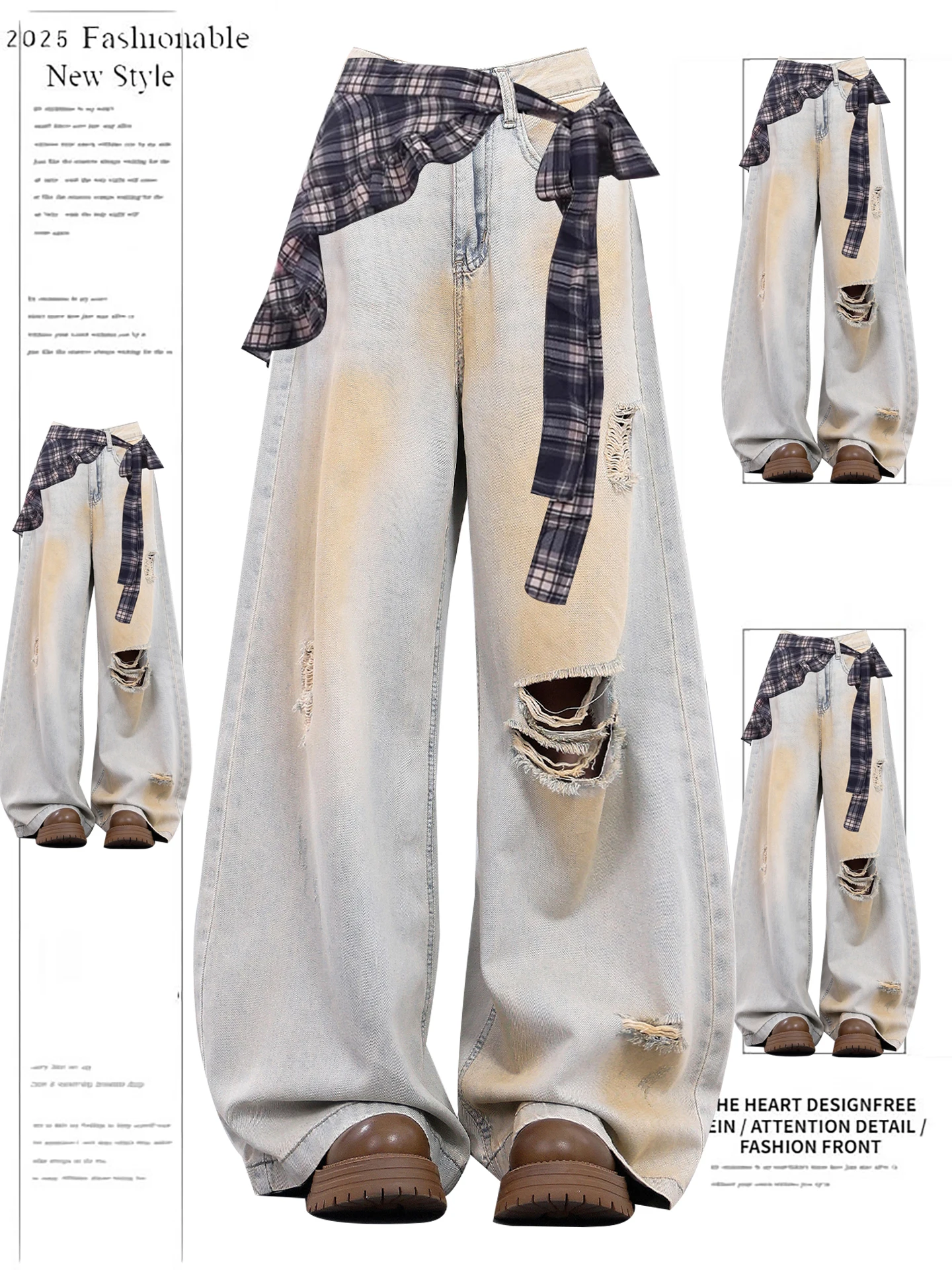 

Retro American Detachable Denim Pants Women's Autumn New Loose Straight Wide Leg Long Trousers Casual High Waist Zipper Closure
