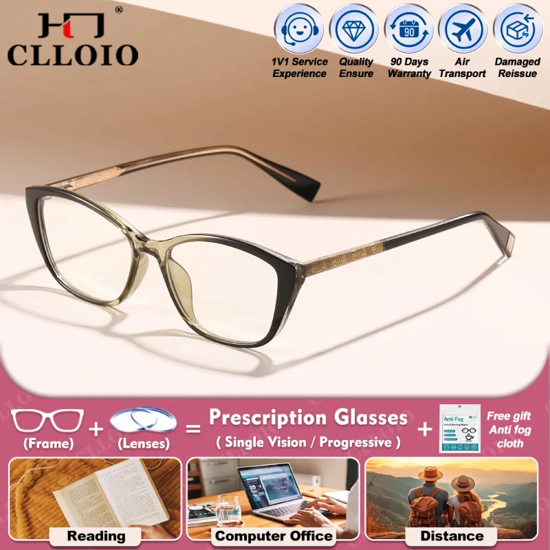 

CLLOIO Versatile Women Cat Eye Myopia Prescription Computer Glasses Anti Blue Light Progressive Photochromic Optical Eyeglasses