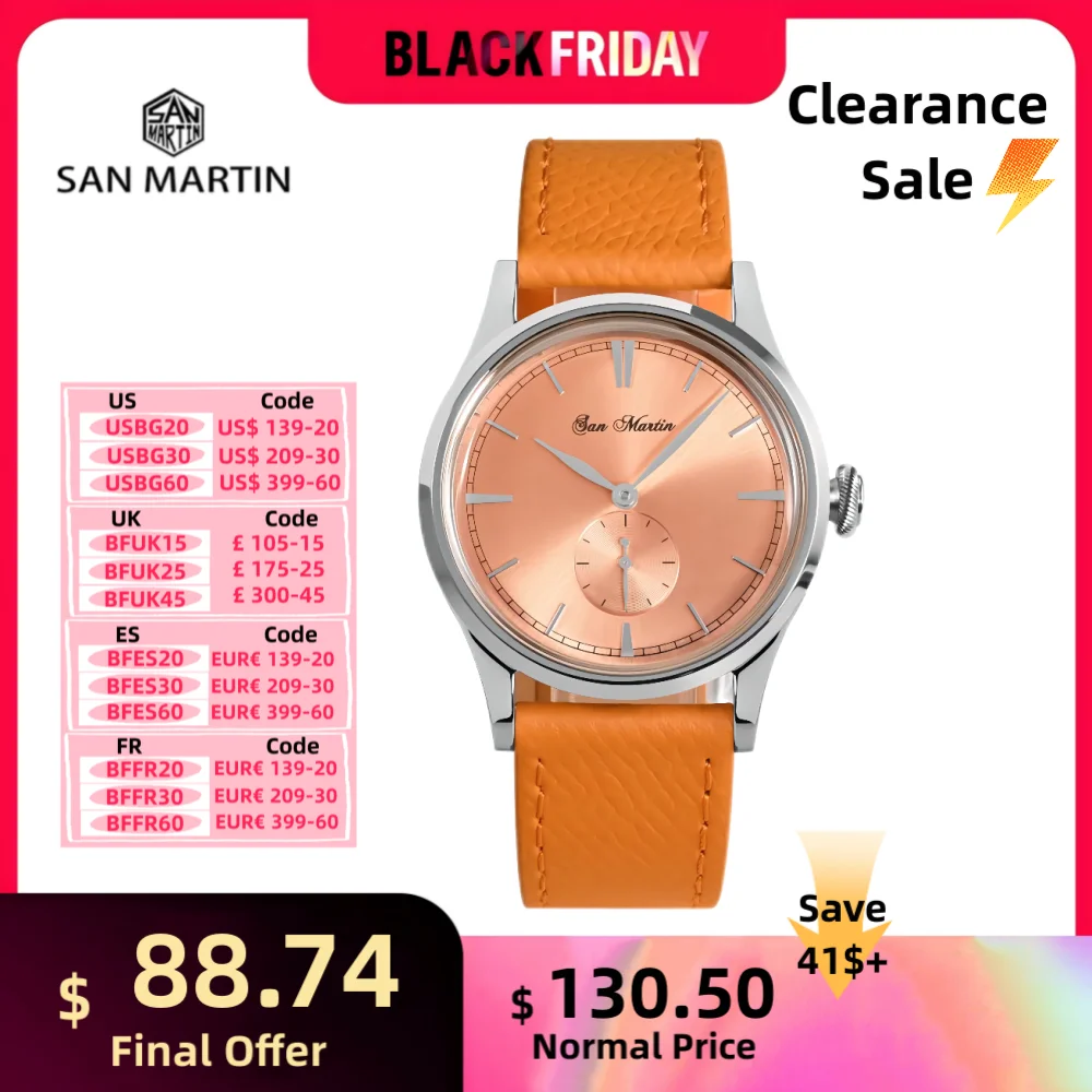 San martin 6004d 715 relógio de quartzo 38mm para homens relógio de pulso epsom pulseira de couro casual cristal mineral sunray dial 5bar SN0101B-1