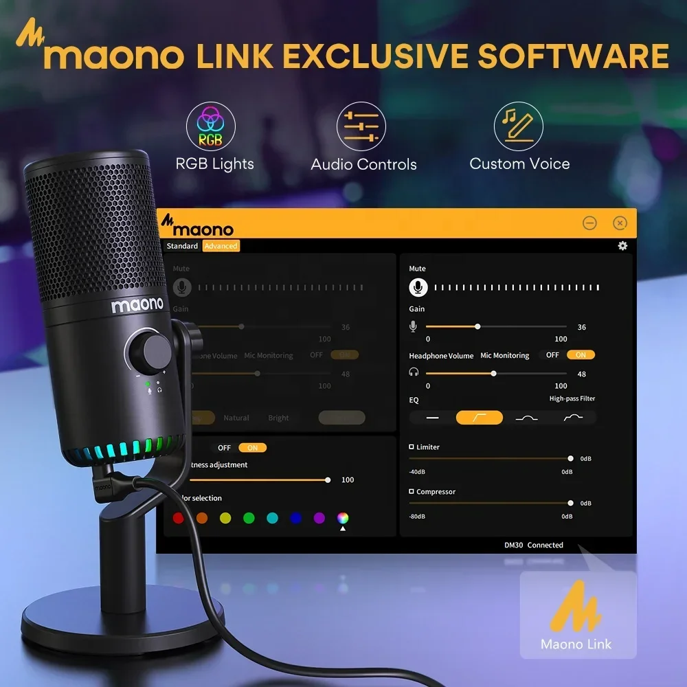 New MAONO Programmable PC USB Condenser Podcasting Microphones Kit With 3 in 1 Mic Gain USB Type C Dual Mode RGB Gaming Micropho