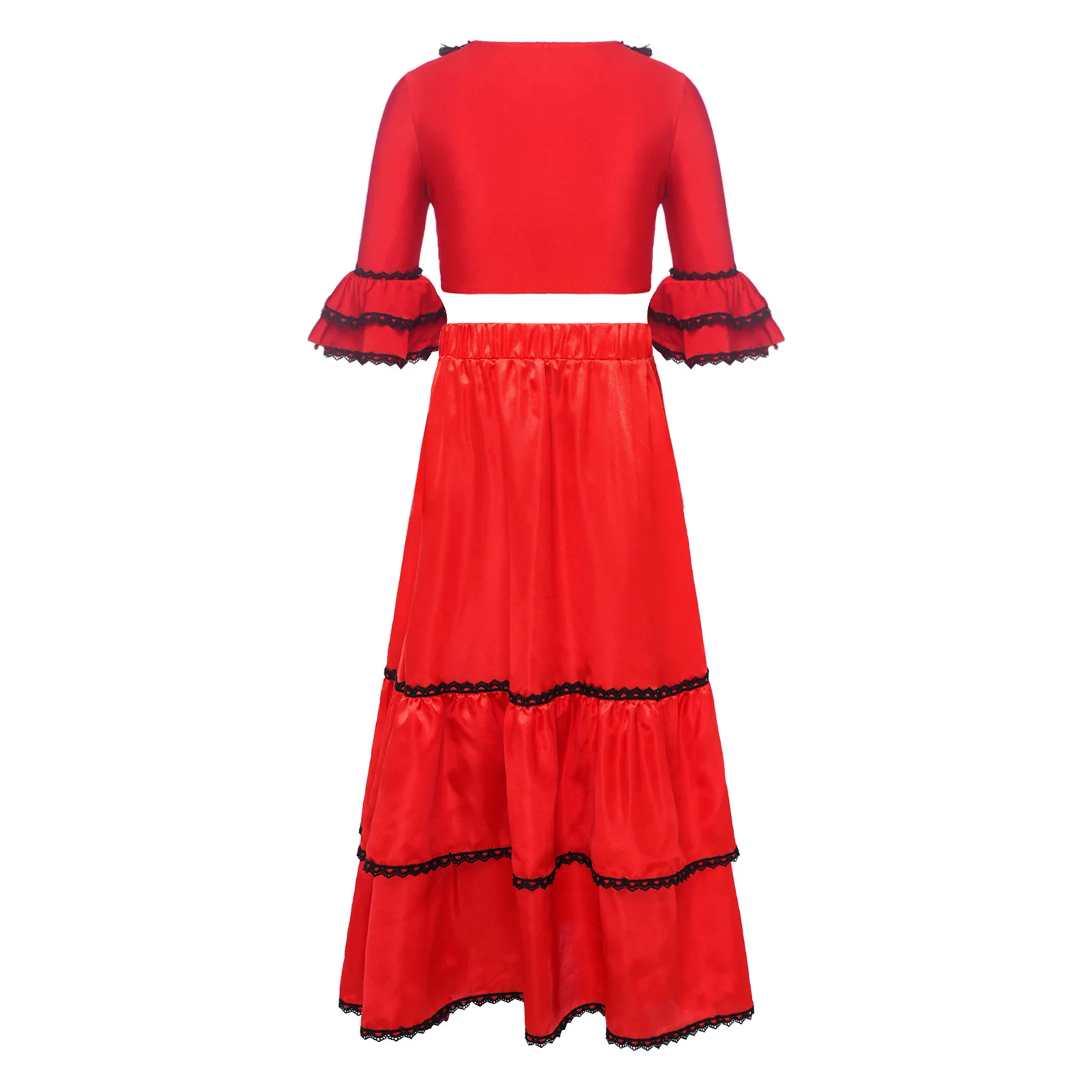 Traditional Spanish Dancer Costume For Girls Ruffle Half Sleeves Crop Top with Satin Tiered Skirt Carnival Flamenco Dance Outfit
