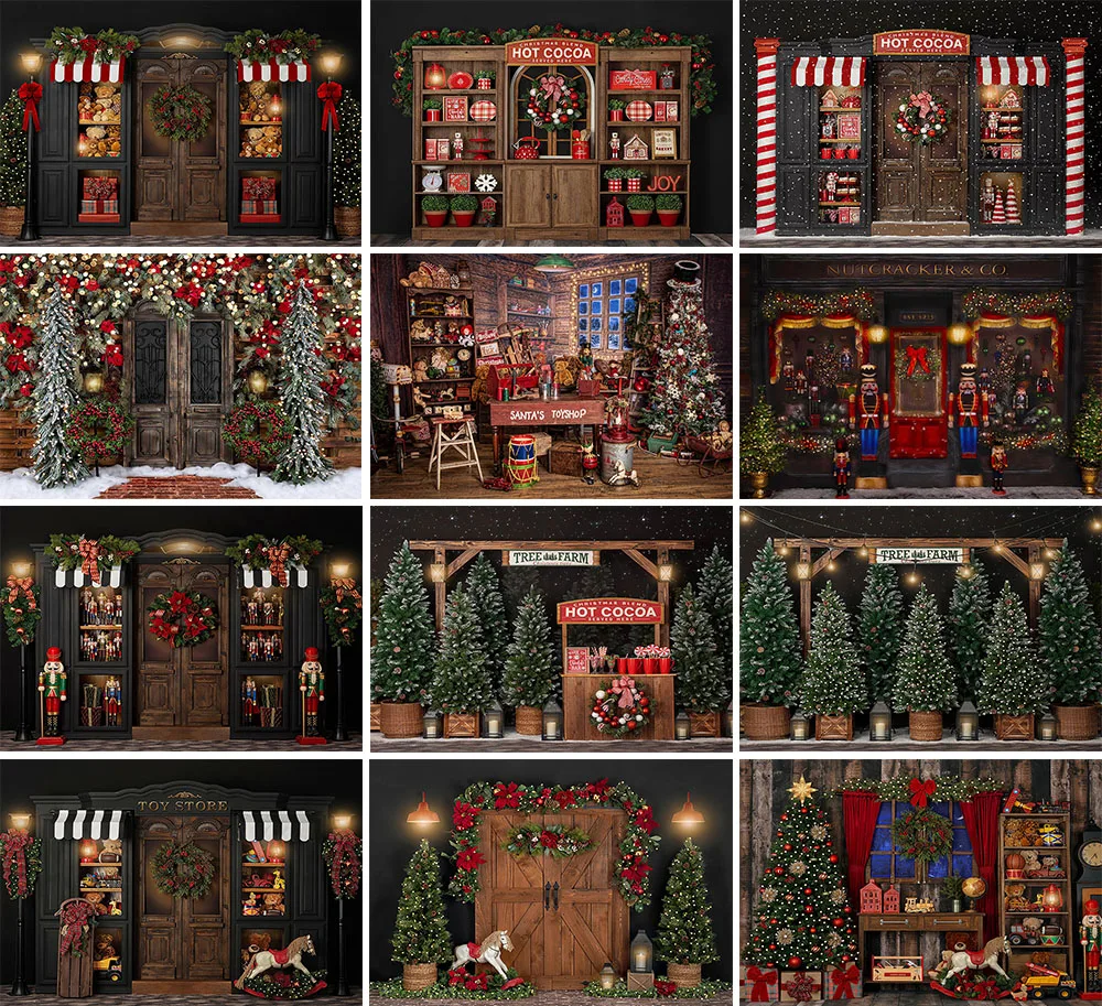 Mehofond Photography Background Winter Christmas Toys Gifts Shop Wood Door Xmas Tree Kids Family Portrait Backdrop Photo Studio