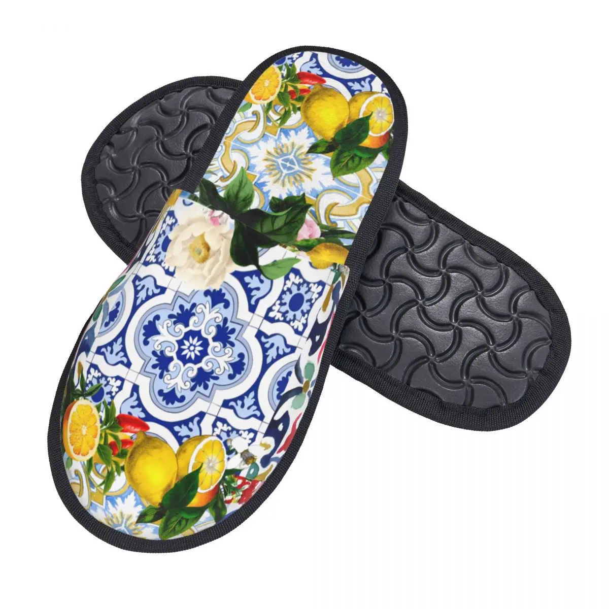 Custom Mediterranean Style Lemons Citrus Sicilian Tiles Guest Slippers for Bedroom Women House Slipper