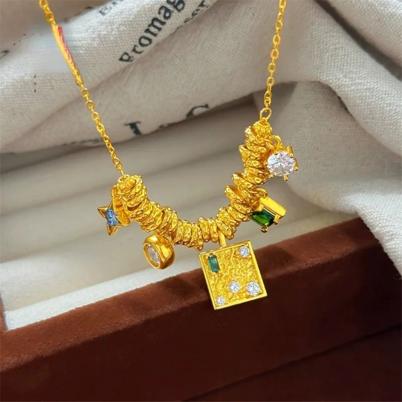 

Men's and women's AU999 gold necklace, ethnic retro 18K high-end design dIY coiled running ring zircon collarbone chain