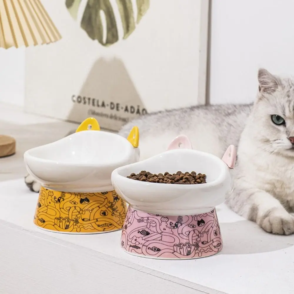 

Cute Ceramic Cat Bowl Non-slip Large Capacity Dog Food Feeding Basin with Cat Ear Spoon Anti Overturning Pet Drinking Feeder