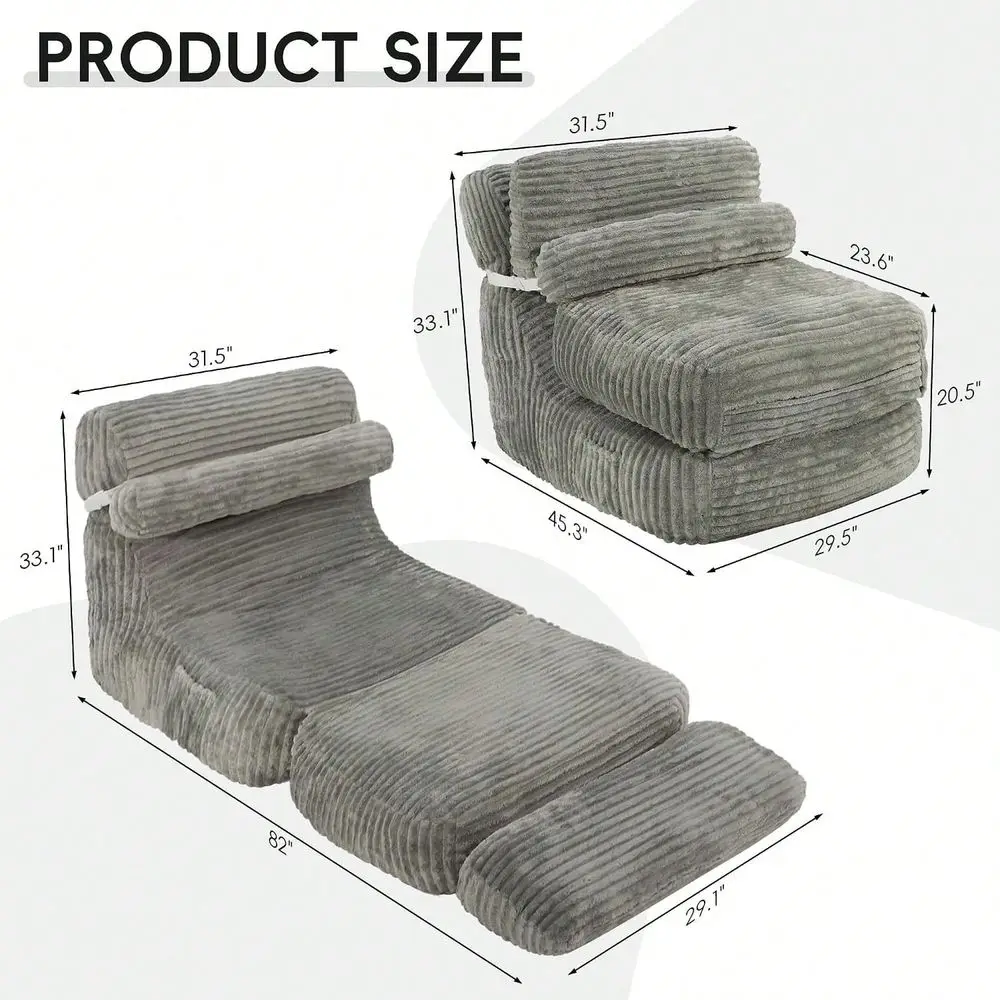 Extra Long Folding Sofa Bed With Pillow, Convertible Sleeper Chair, 2 In 1 Folding Chair Bed With Side Pocket Thick Corduroy Co