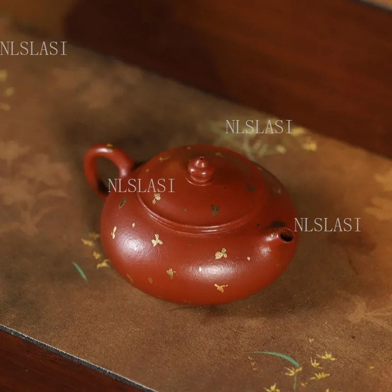 180ml Yixing Zisha Teapot Raw Vermilion Clay Sprinkled Gold Flat Shape Tea Pot Chinese Gongfu Tea Set Kung Fu Teaware