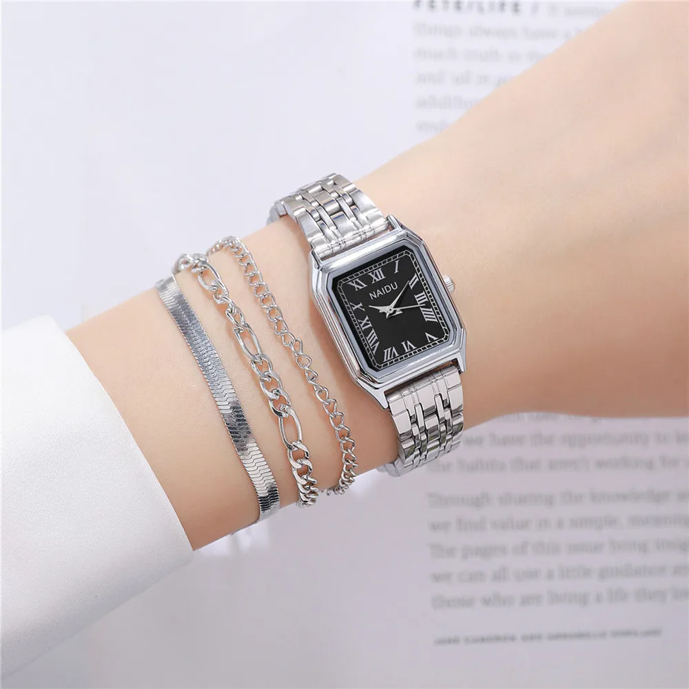 fashion silver steel rectangle women quartz watch