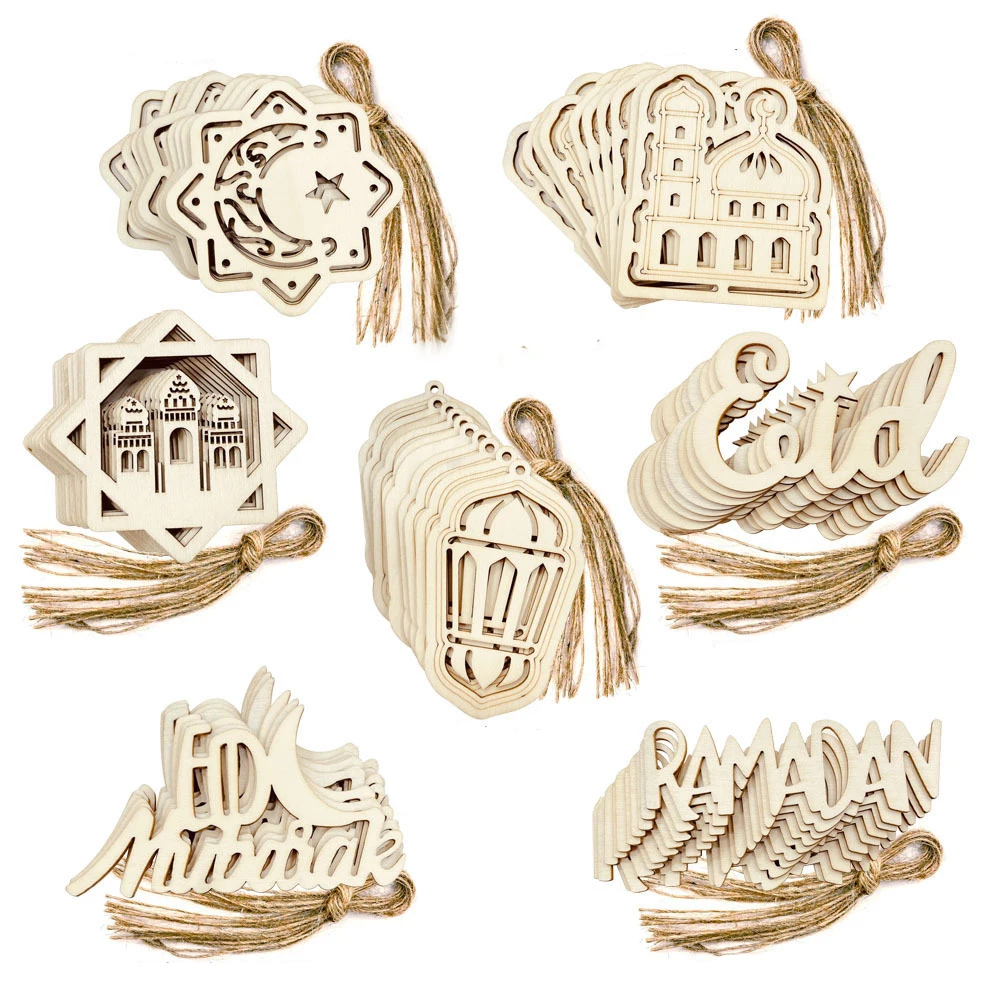 10pcs Hollow-Out Eid Mubarak Wooden Hanging Pendant DIY Wooden Ornaments Crafts For Muslim Ramadan Kareem Home Party Decorations