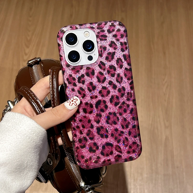 Ins Beliebte Glitzernde Rose Schwarze Leopardenmuster Hülle für iPhone 13 14 15 16 17 18 Pro Max Stoßfeste Harte IMD Rückseite – Detail 13