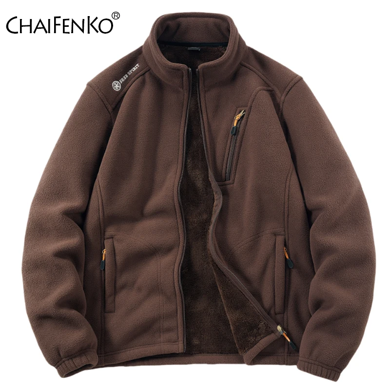 

Winter Man Fleece Thickening Stand Collar Jackets New Multiple Pockets Solid Color Keep Warm Coats Outdoors Windproof Tops Man