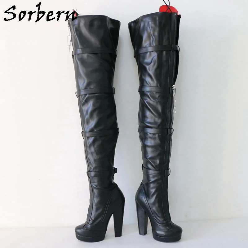 Sorbern Black Long Boots Women With Locks Red Tongue Block High Heels Lockable Zippers Platform Round Toe Shoes Custom Wide Legs