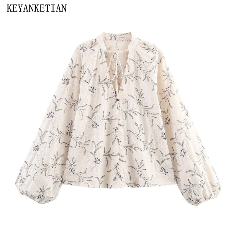 

KEYANKETIAN Summer New Women's Clothing V-neck Bow Tie Lantern Sleeve Embroidered Shirt Women Shirt Casual Top