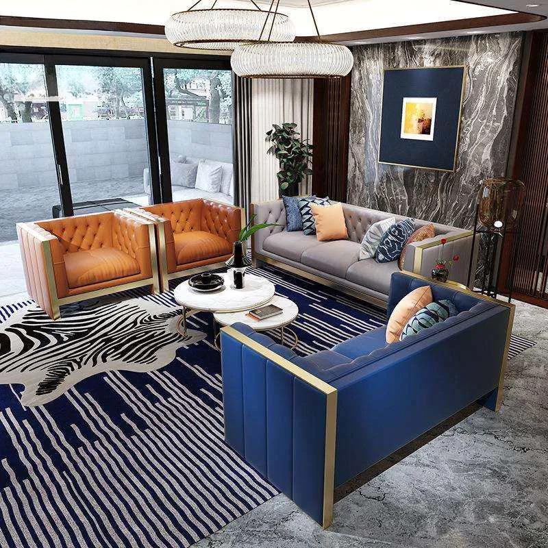 

#Modern Upholstered 1+2+3 Seat Leather Sofa Button Design Sectional Couch Gold Metal Armrests Luxury Chesterfield Sofa Set