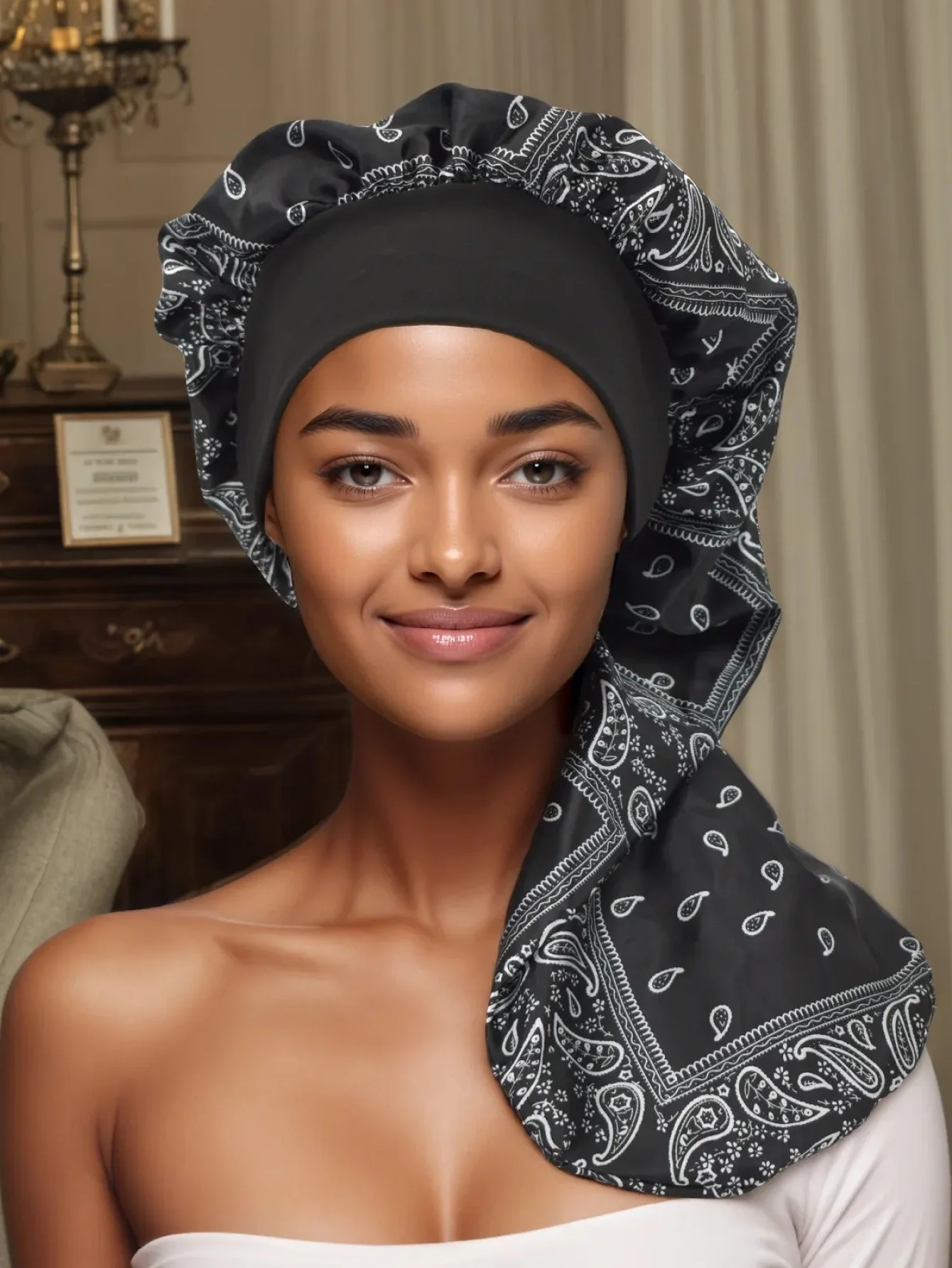 

Женская длинная атласная шапочка для сна, шелковистая шапочка для сна с широкой эластичной лентой, тюрбан для ухода за волосами, шапочка для душа и макияжа, для кудрявых волос