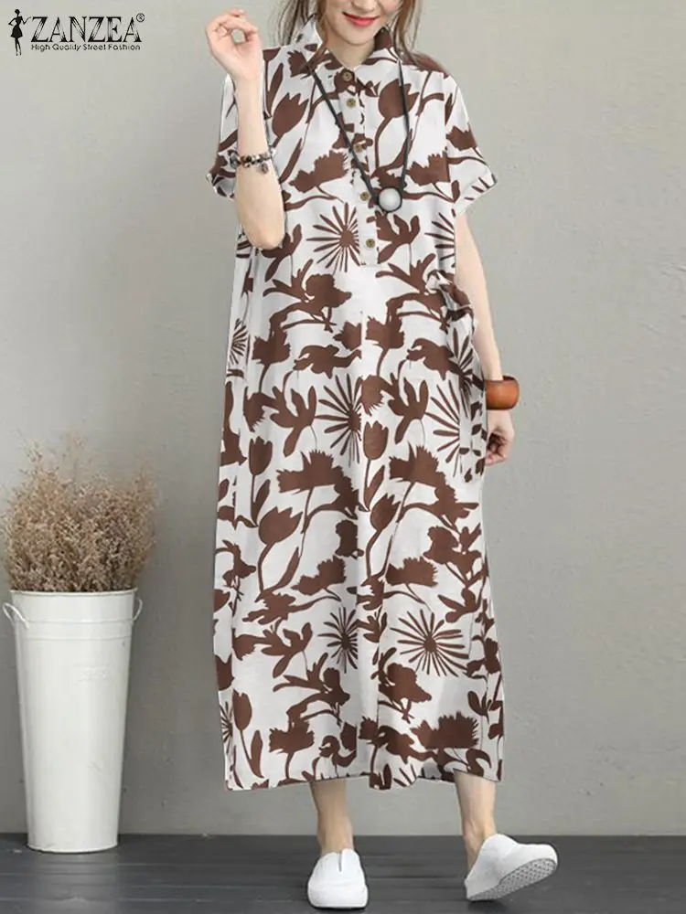 ZANZEA Vintage Summer Shirt Dress donna manica corta stampa floreale Holiday Vestido Casual risvolto collo allentato Midi prendisole Oversize