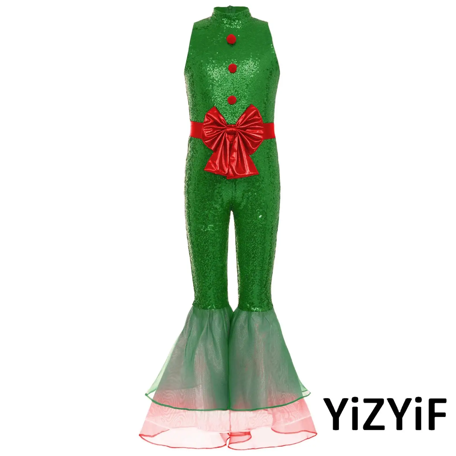 

Kids Girls Mock Neck Sleeveless Sparkly Sequin Christmas Costume Pompom Bowknot Decor Xmas Princess Jumpsuit for Birthday Party
