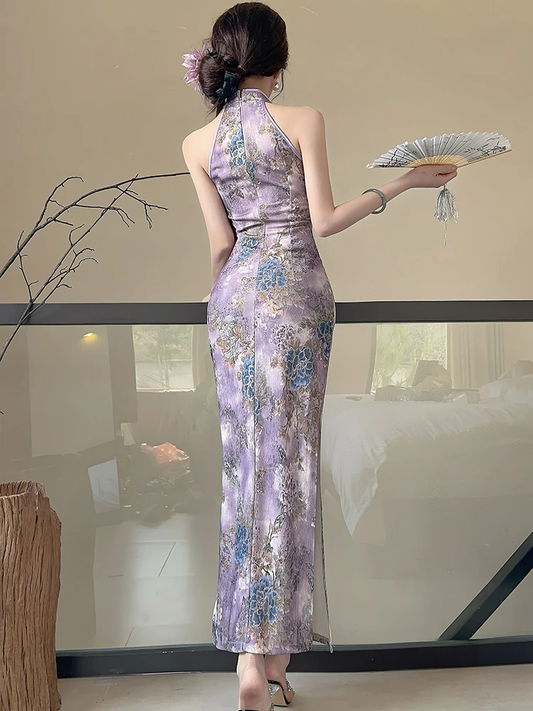 الصيف الأرجواني الأزهار الوقوف طوق شيونغسام فستان المرأة الكورية الفاخرة فستان أنيق ثوب 2025 خمر Bodycon فستان سهرة للحفلات #5