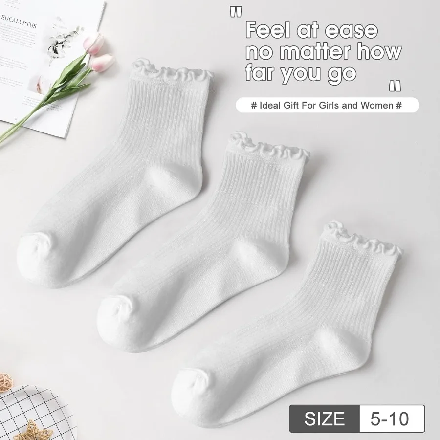Kaus Kaki Pergelangan Kaki Ruffle Wanita Lucu dengan Desain Tepi Selada Sempurna untuk Pakaian Kasual Kaus Kaki Panjang Kru Modis Ideal untuk Harian C