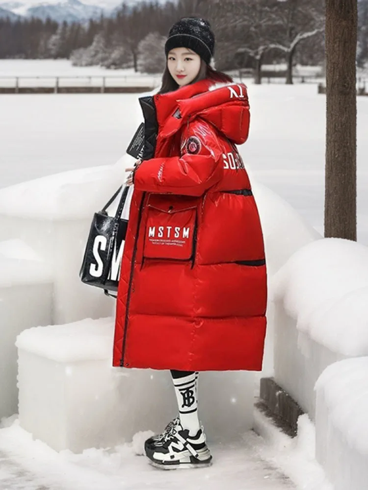 Long Down Jacket Winter Women Clothing Free Shipping Thicken Hooded Down Coat Warm Big Pockets White Black Red Outerwear Puffer