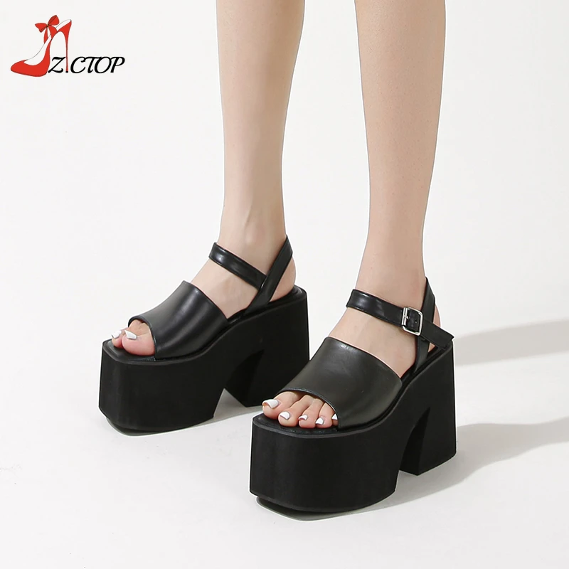 10CM Platform High Heels Chunky Strappy Sandals Women Open Toe Ankle Buckle White Black Punk Shoes Female Summer Big Size 40 41