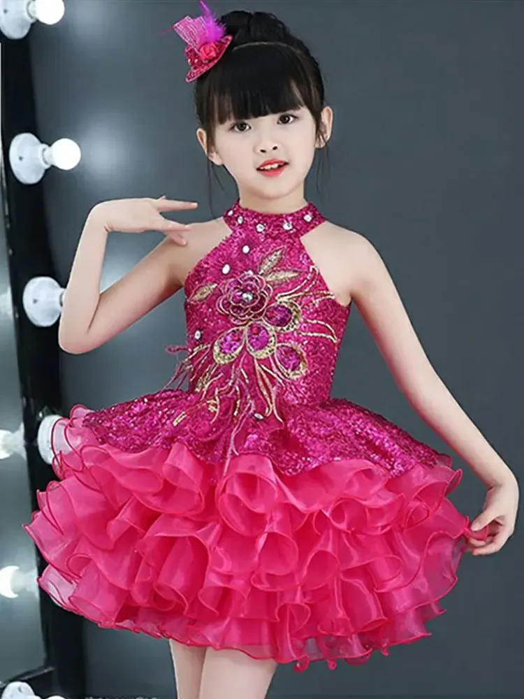 Children Modern Jazz Dance Costumes Kids Girls Stage Wear Birthday Wedding Party Ball Gowns Flower Toddler Cupcake Pageant Dress