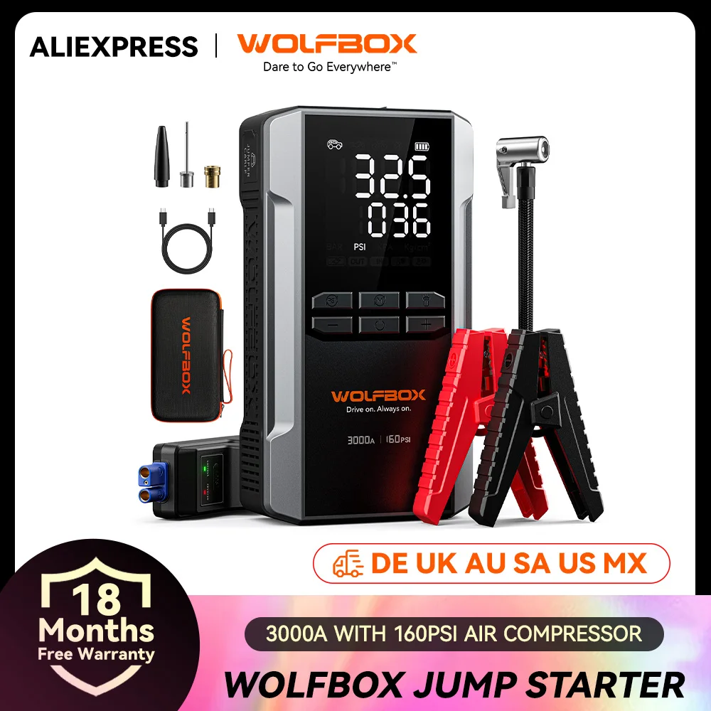 WOLFBOX 3000A démarreur de saut avec compresseur d'air, démarreur de saut de batterie de voiture Portable 16000 mAh et 160 PSI avec Charge rapide 65 W