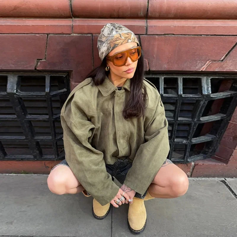 Vintage Women's Suede Bomber Jacket Fashion Street Lapel Zipper Full Sleeve Short Coats 2025 Spring Lady Casual Commute Outwear
