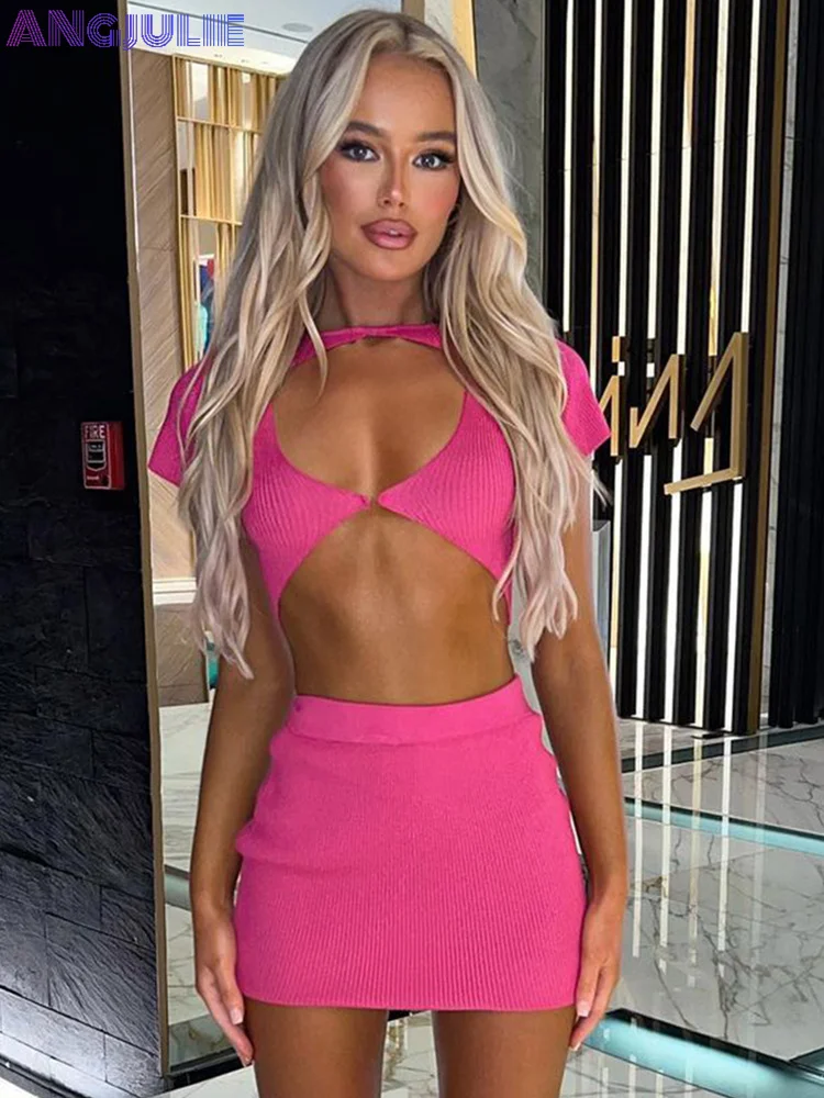 

Angjulie Casual Birthday Outfits Womens Solid Two Piece Set Skirt Hollow Out Slim Crop Top And High Waist Skinny Skirts Clubwear