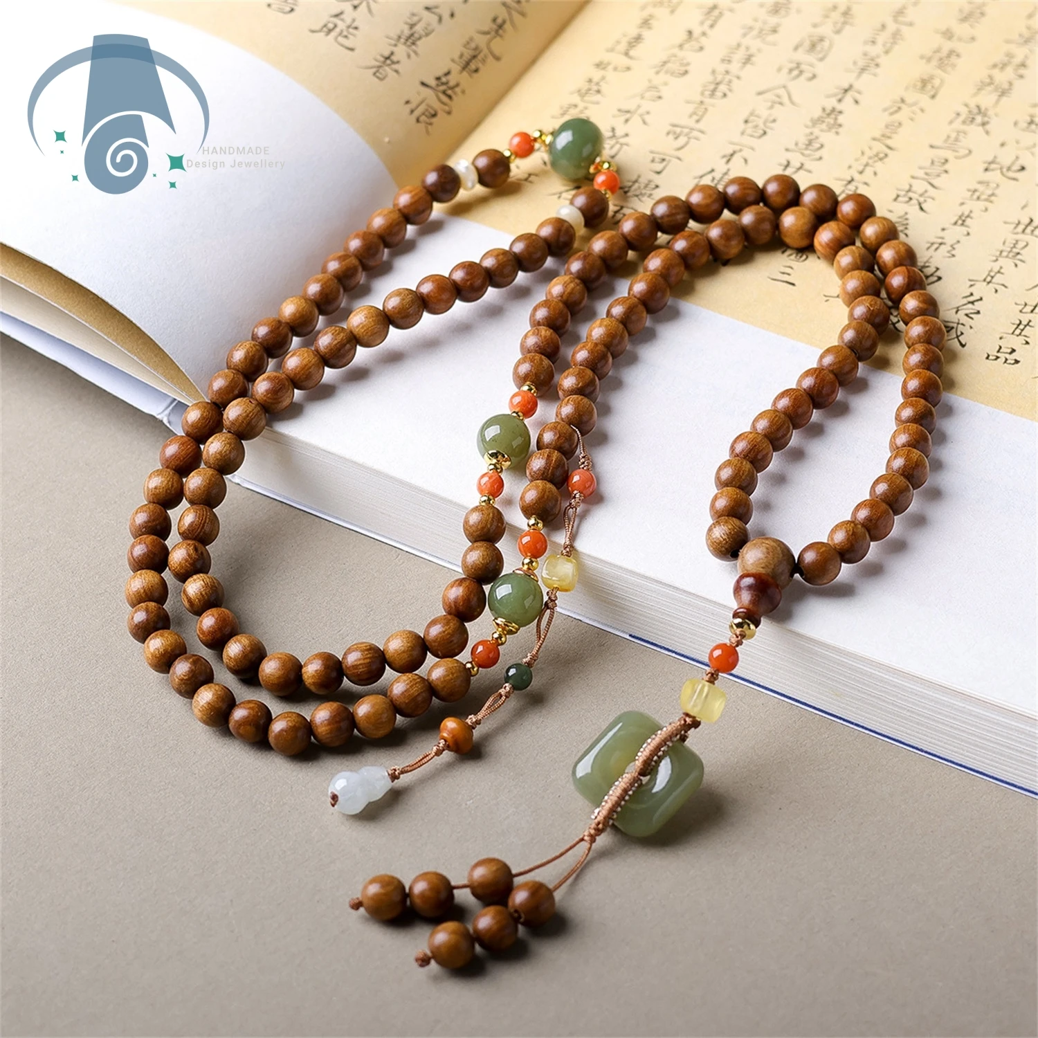 Natural Genuine Hetian Jade Peace Pendant Nanhong Agate Sandalwood Beads Multi Wrap Bracelet Necklace Set Original Chinese Style