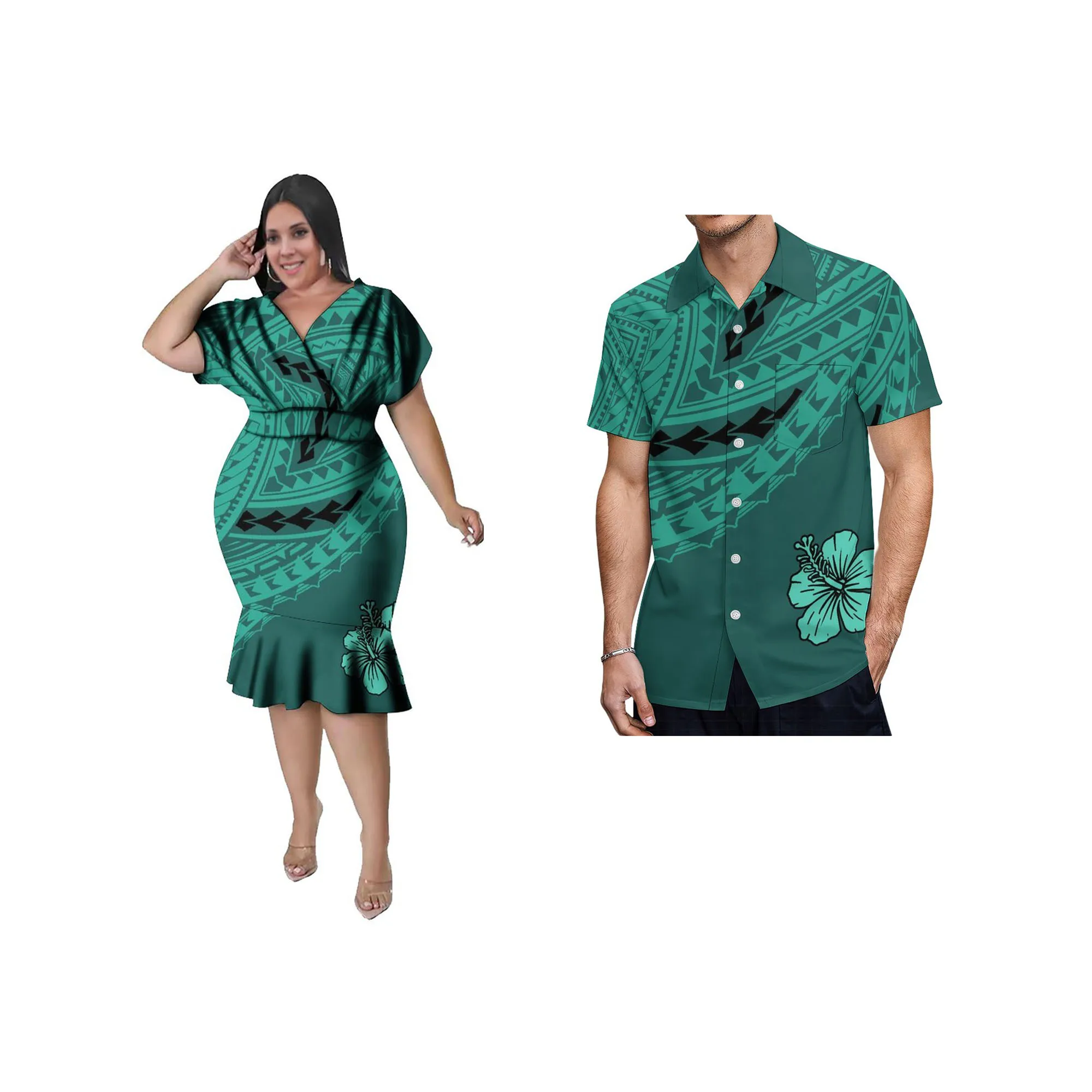 Custom Big People 5XL Milk silk Washable Dress Polynesian Samoan Casual Dress Pacific Dress Two Piece Men Shirt Sets Of Couples