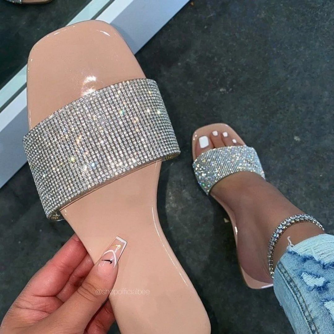 

Women's Slippers Plus Size Flat Slippers Summer New Rhinestone Square Toe Slide Sandals Casual Slip-Ons For Women Size 42