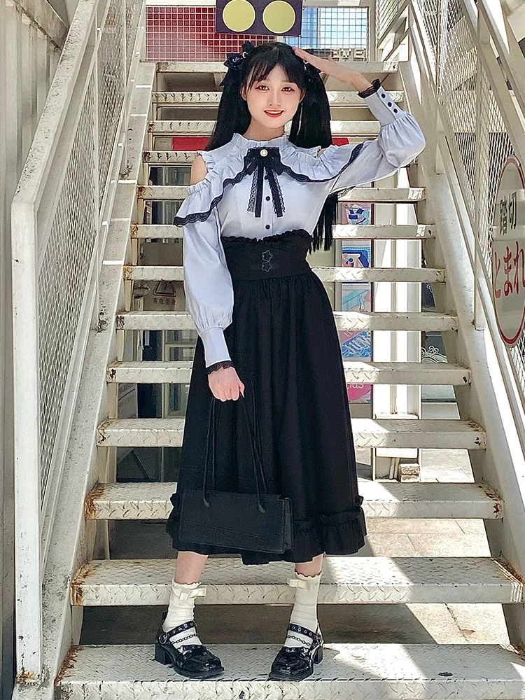 Japanese Mine Style Suit Water Color Off Shoulder Long Sleeve Single-Breasted Blouse High Waist Black Skirt Women 2 Piece Sets