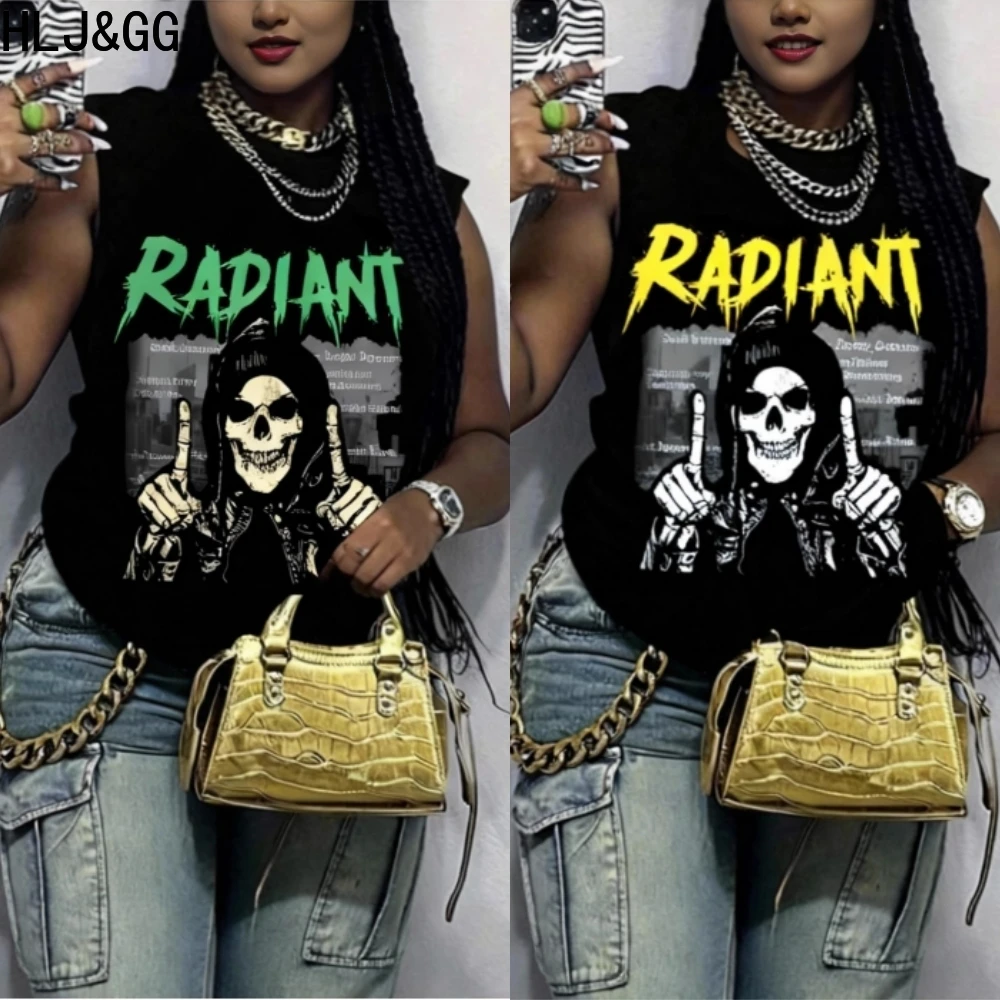 

HLJ&GG Black Fashion Graphic Print Loose Tshirt Women Round Neck Sleeveless Tops Summer New Female Retro Hip Hop Streetwear 2025