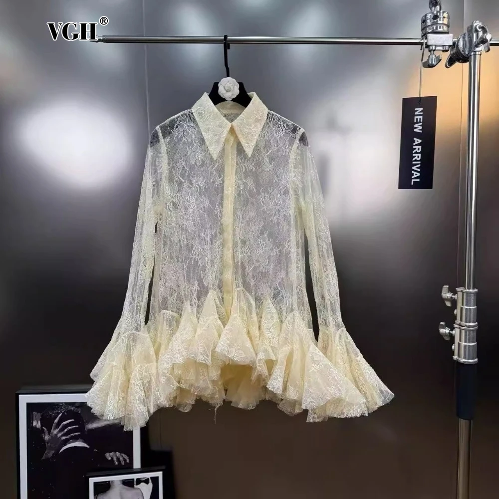 

VGH See Through Lace Short Dress for Women Lapel Flare Sleeve High Waist Patchwork Ruffles Hem Dresses Female Clothing Summer