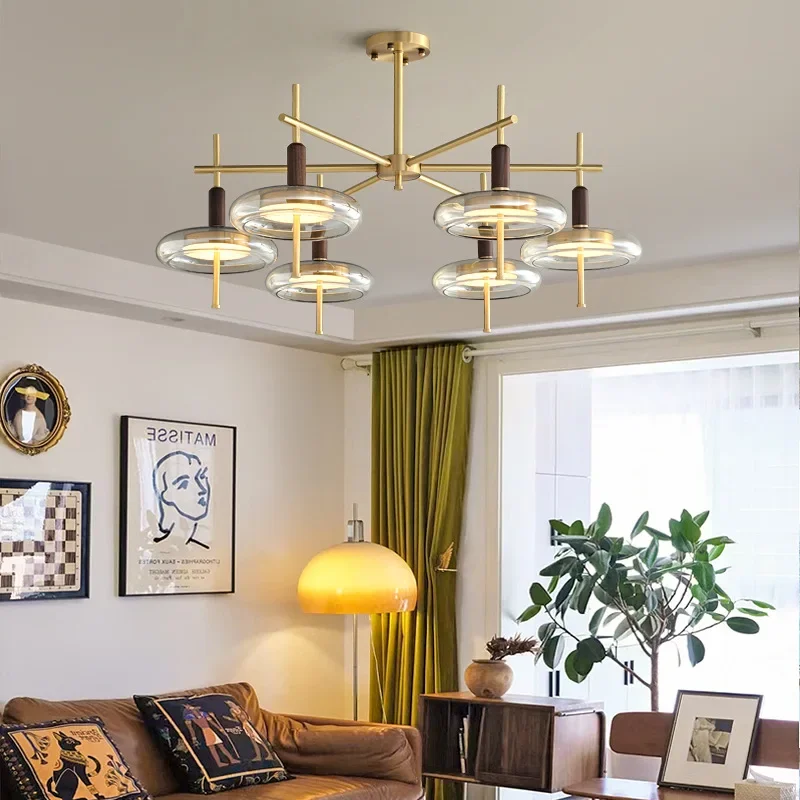 American Retro Led Pendant Light Made Of All Copper Material Suitable For Nordic Living Rooms Restaurant Walnut Glass Chandelier