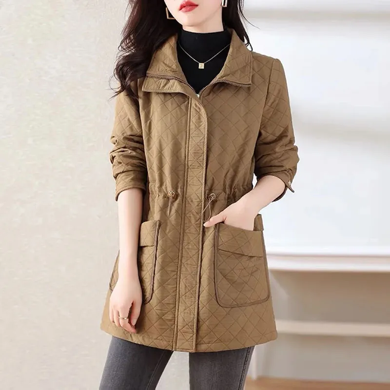 

2023 New Fashion Women Trench Jacket Spring Autumn Zipper Mid Long Rhombic Lapel Windbreaker Coats Female Casual Overcoat Ladies