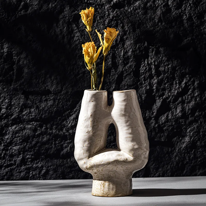 CAPIRON-jarrón DE DOBLE BOCA H de porcelana de cerámica, maceta decorativa nórdica Bohemia wabi-sabi para flores secas, hierba de Pampa, Oficina