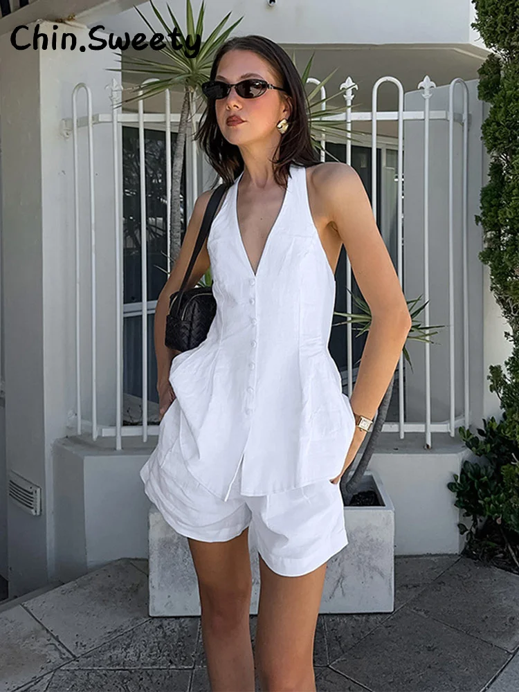 Casual halter plissado camisa shorts define feminino sólido sem mangas único breasted topos cintura baixa curto 2025 verão senhora streetwear