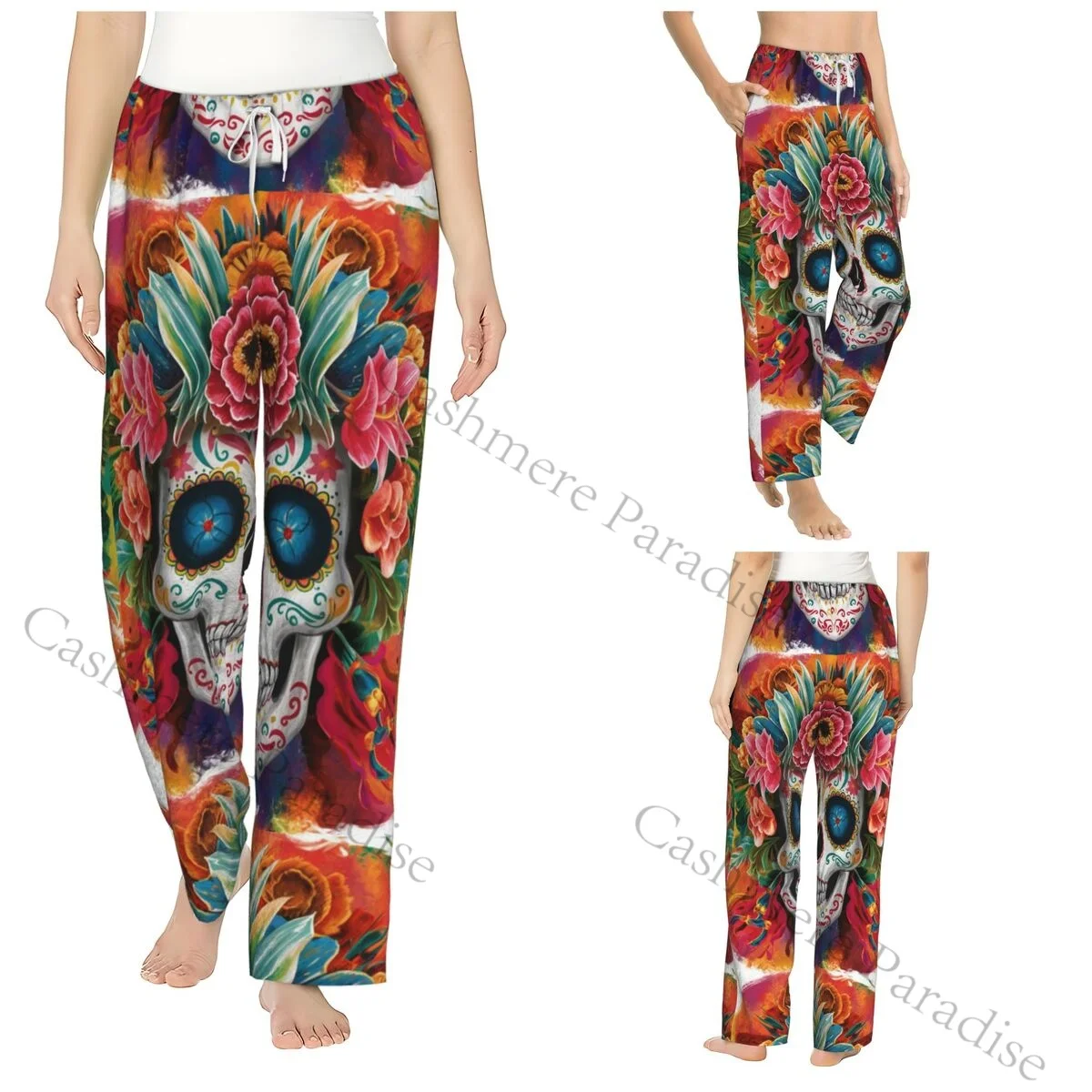 

Mexican Catrina Girl Day Of The Dead Sugar Skull Flannel Pajama Pants for Women Soft Warm Sleep Pants with Elastic Waistband